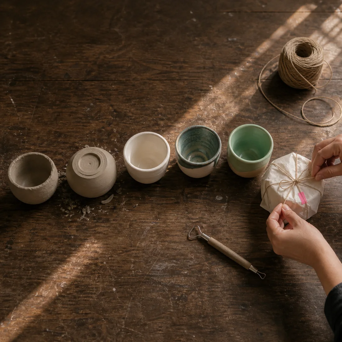 A sequence of handmade ceramic cups beside a wrapped order