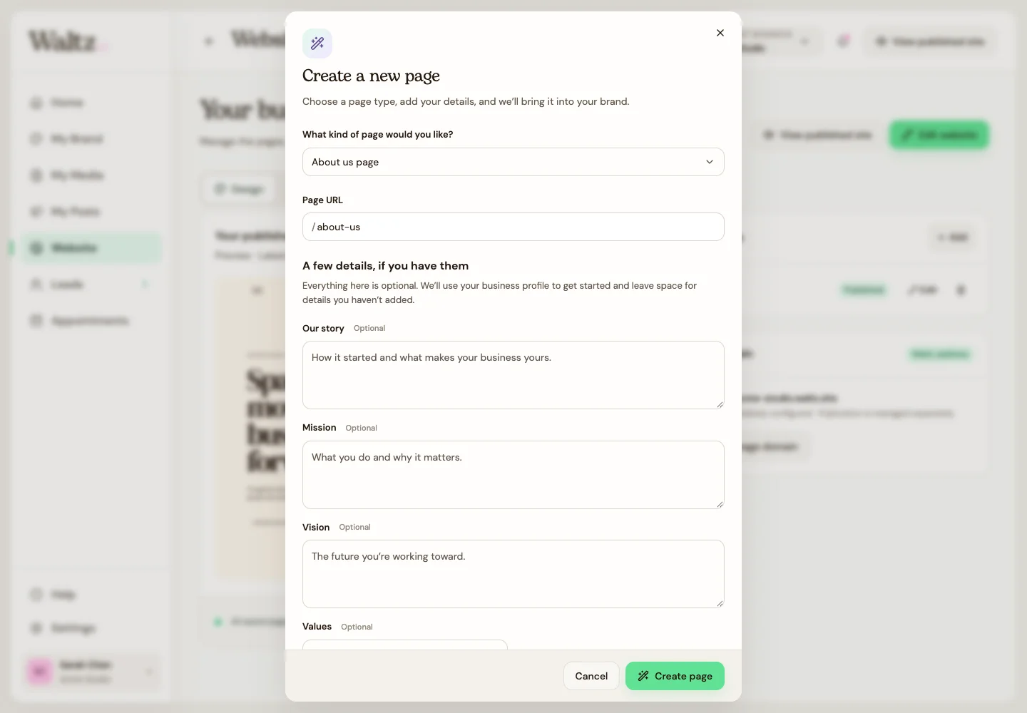 An About us page has optional fields tailored to your business story.