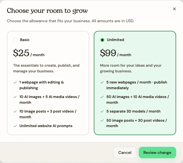 Choose your plan, then select Review change before confirming.