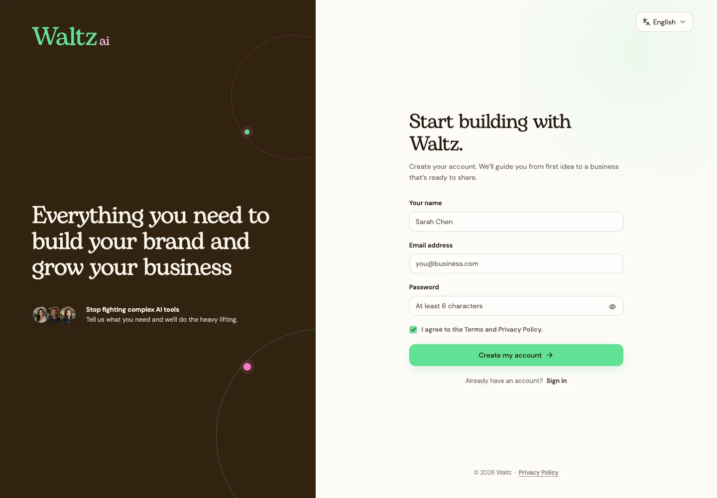 Steps 1–5: enter your account details, then choose Create my account.