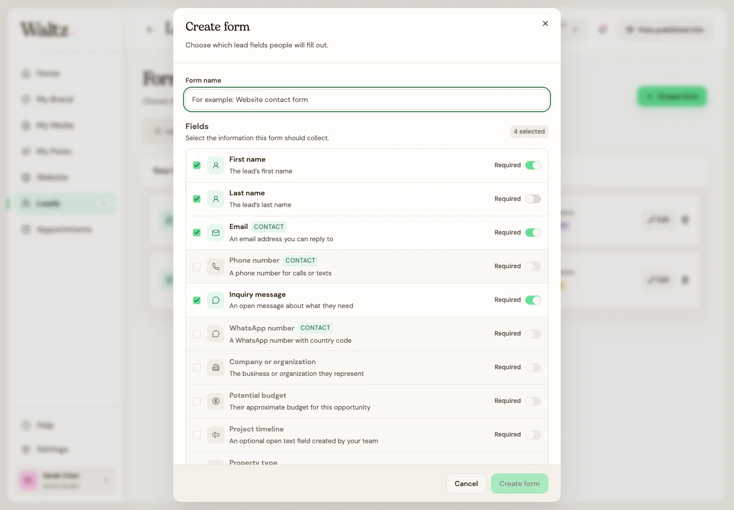 Choose included fields, required answers, and automatic labels.