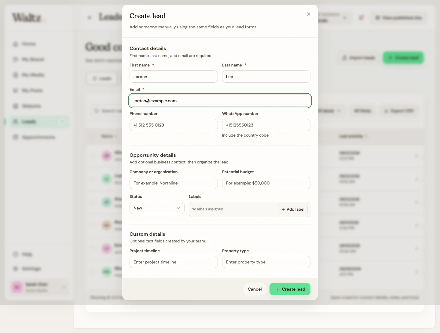 Enter the required contact details and any useful context.