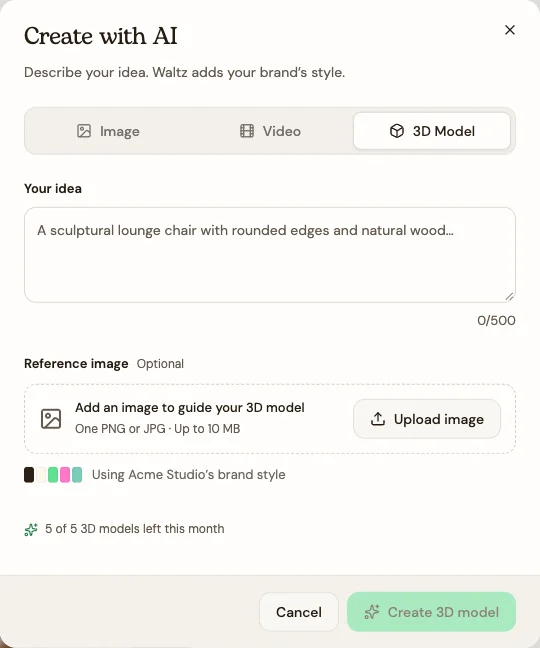 Choose 3D Model and add an optional reference image before creating.