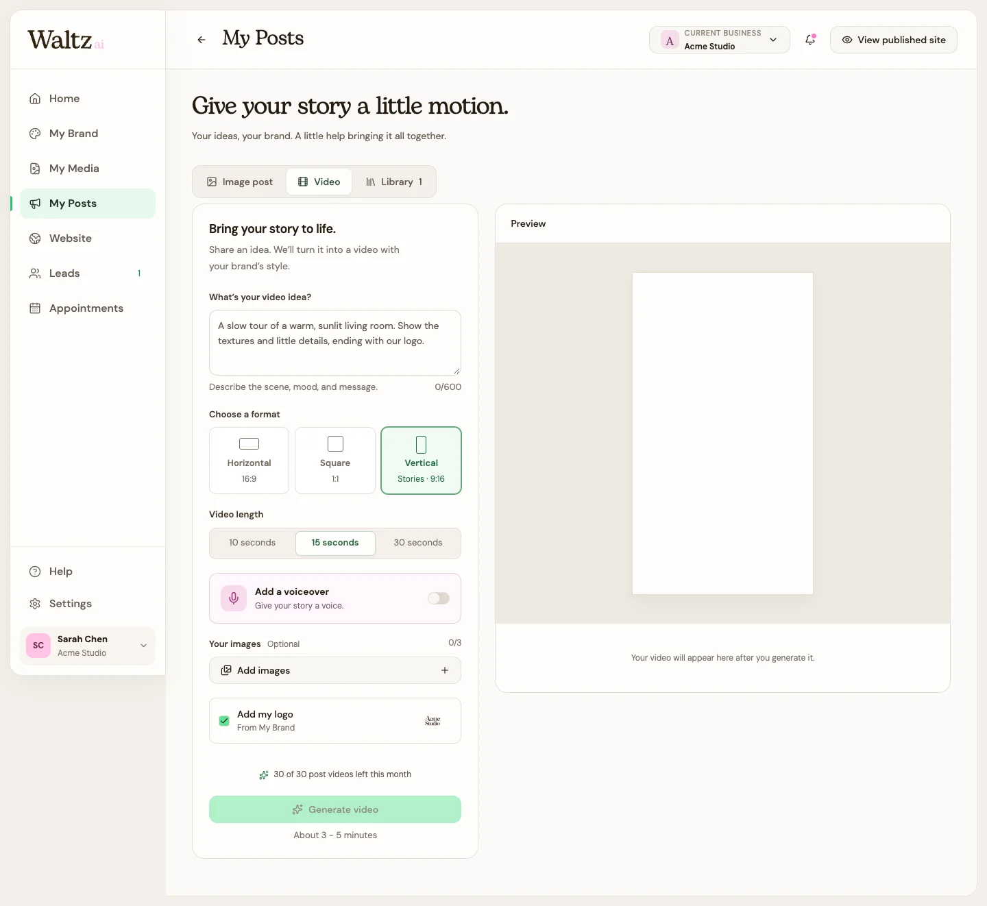 Choose the video idea, shape, length, voiceover, and optional images.