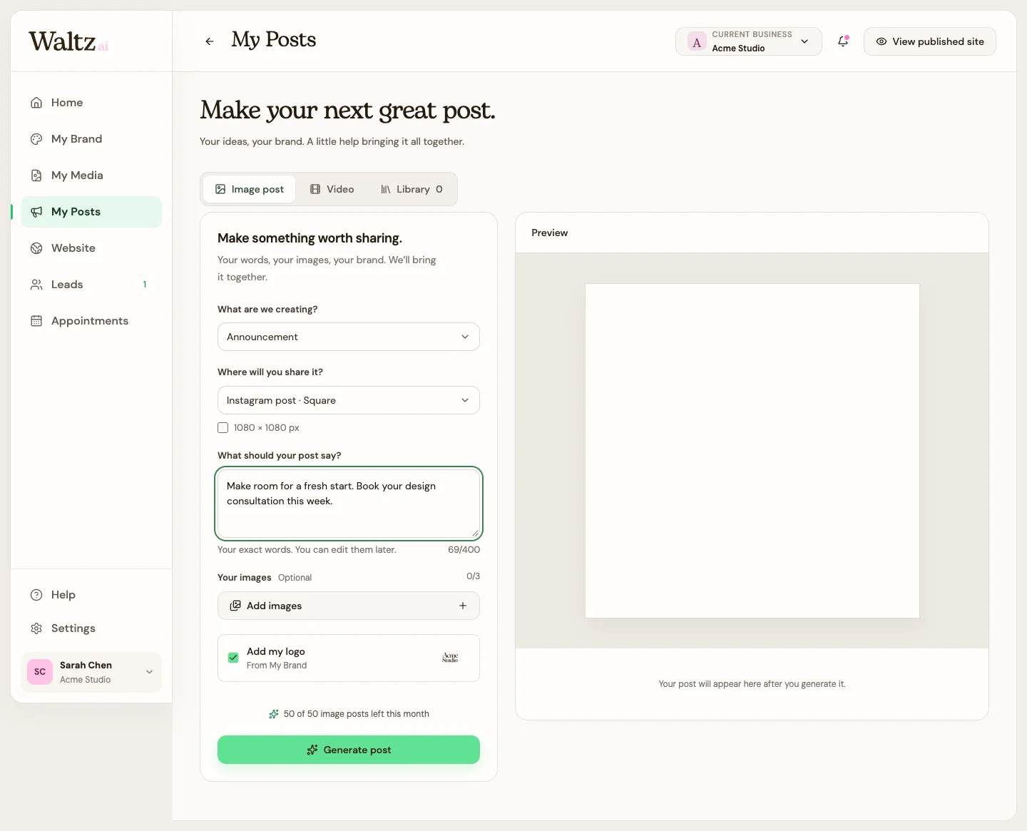 Choose a type, format, message, optional images, and logo.