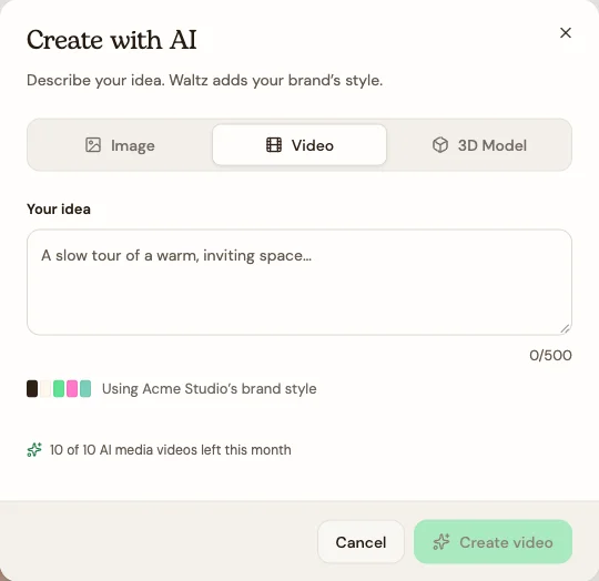 Choose Video, describe your idea, and check your media-video allowance.