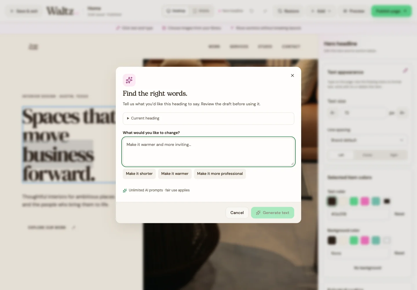 Select text, open Write with AI, and describe the change in this dialog.