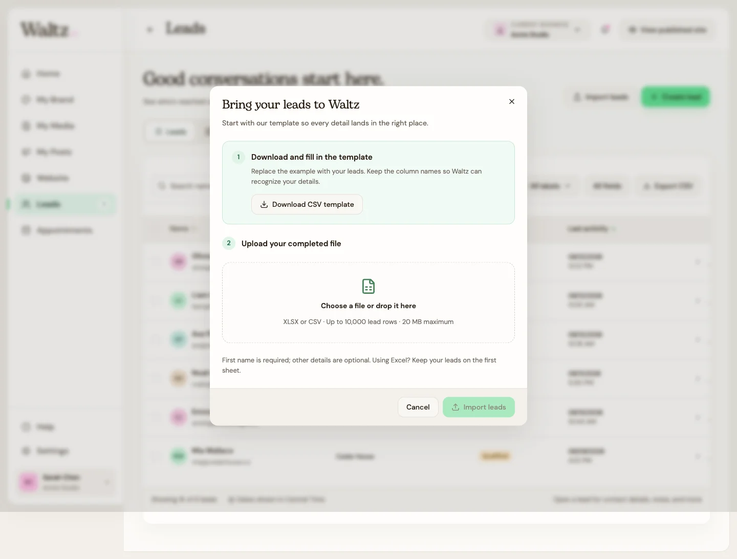 Download the template, upload your file, and review the import.