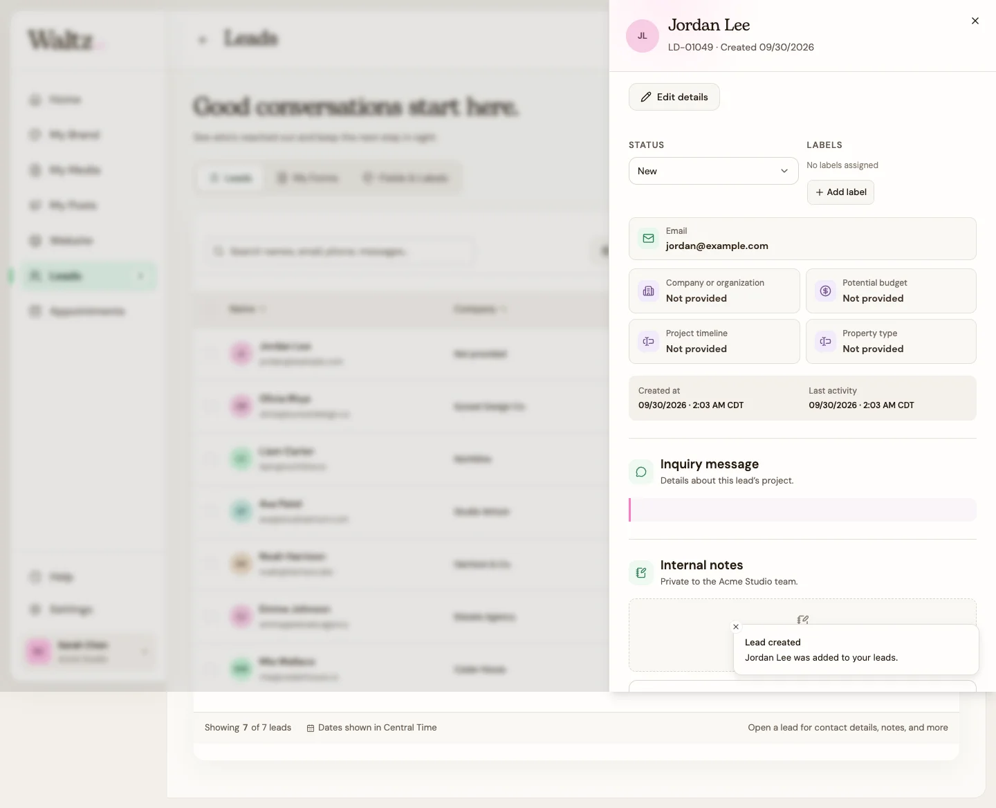 Open the saved lead to review and follow up.