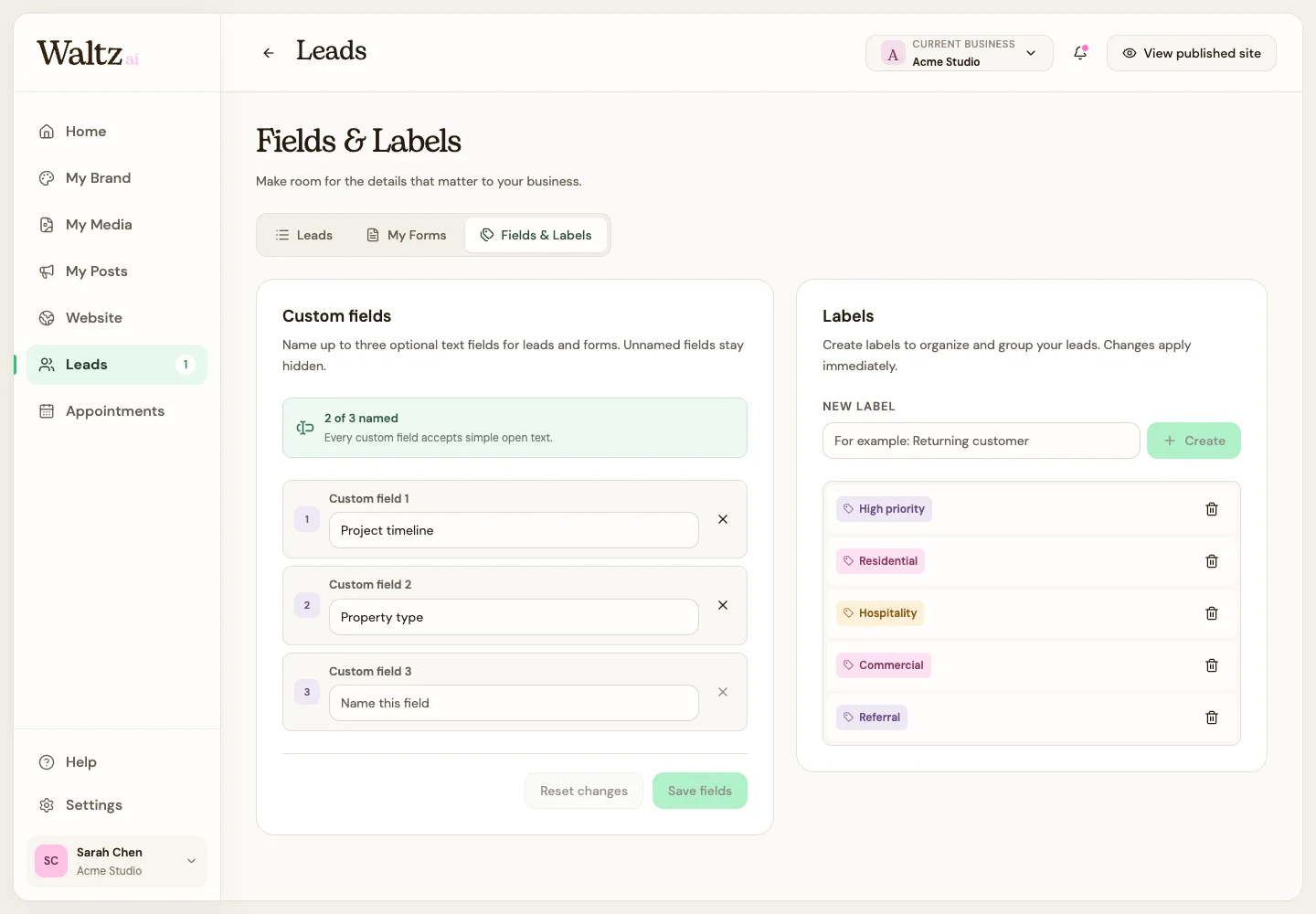 Create labels and name up to three optional text fields.