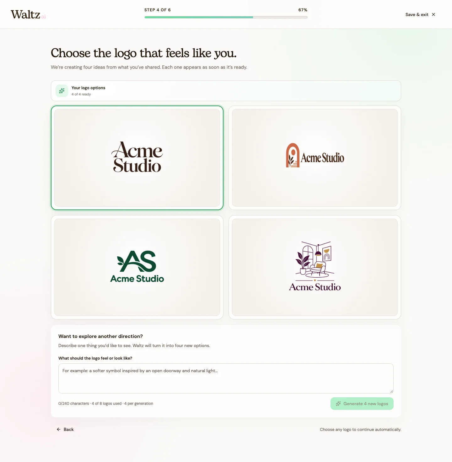 Review logo options or use an existing logo.