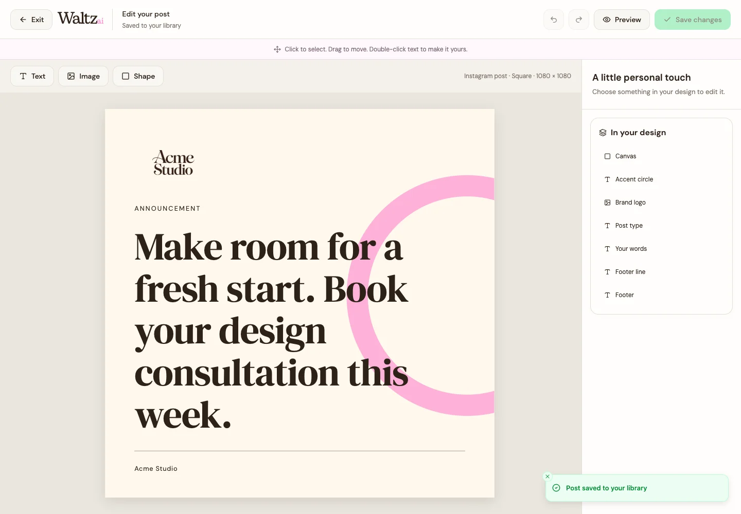 The saved image-post editor offers text, media, and design controls.
