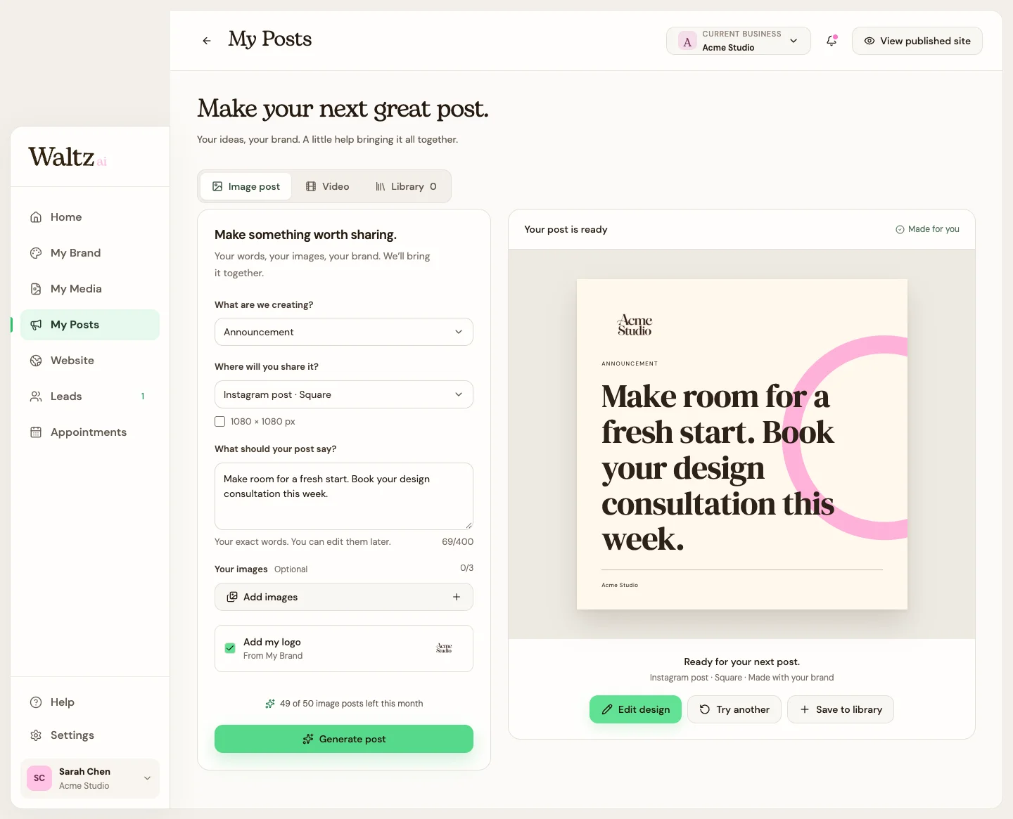 Review the generated design before saving it.