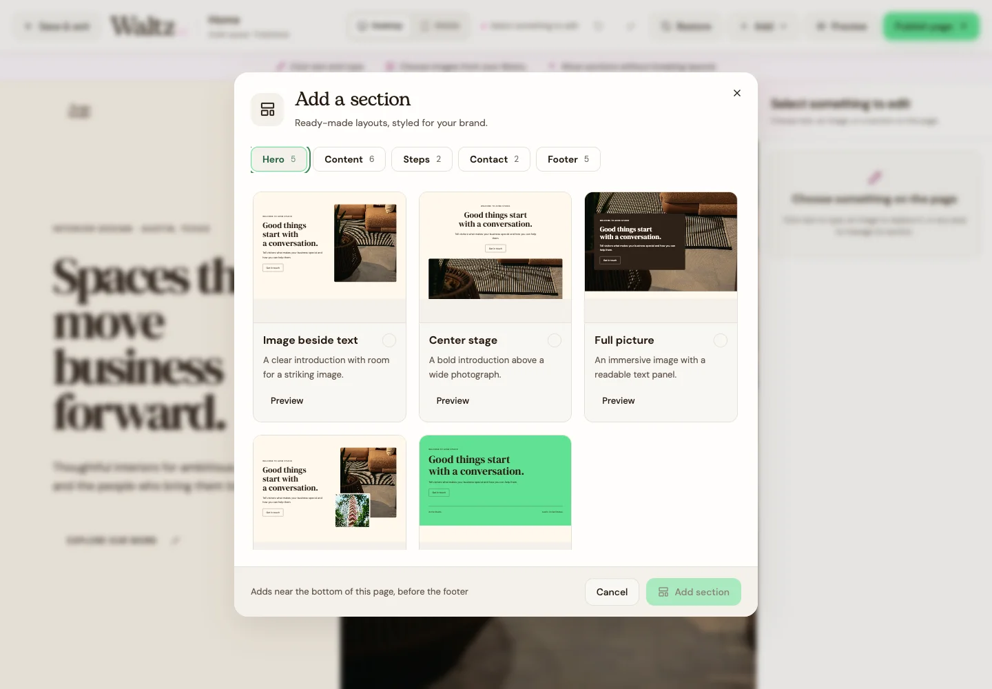 Choose a layout from the section library.